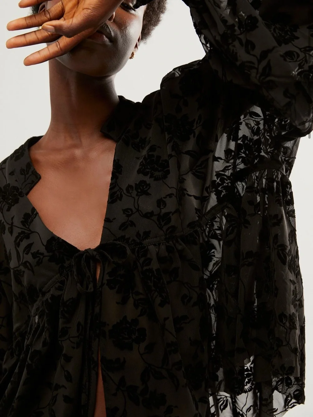 Free People Wednesday Bed Jacket Sheer Floral Velvet Tie-Front Blouse - Black